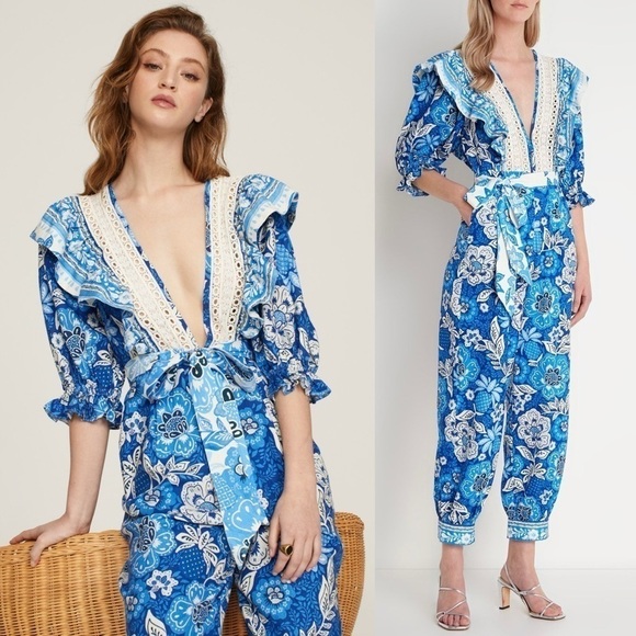 FARM RIO Linen Floral Paisley Puff Sleeve Ruffle Lace V-Neck Tie Belt Jumpsuit S - Picture 4 of 16